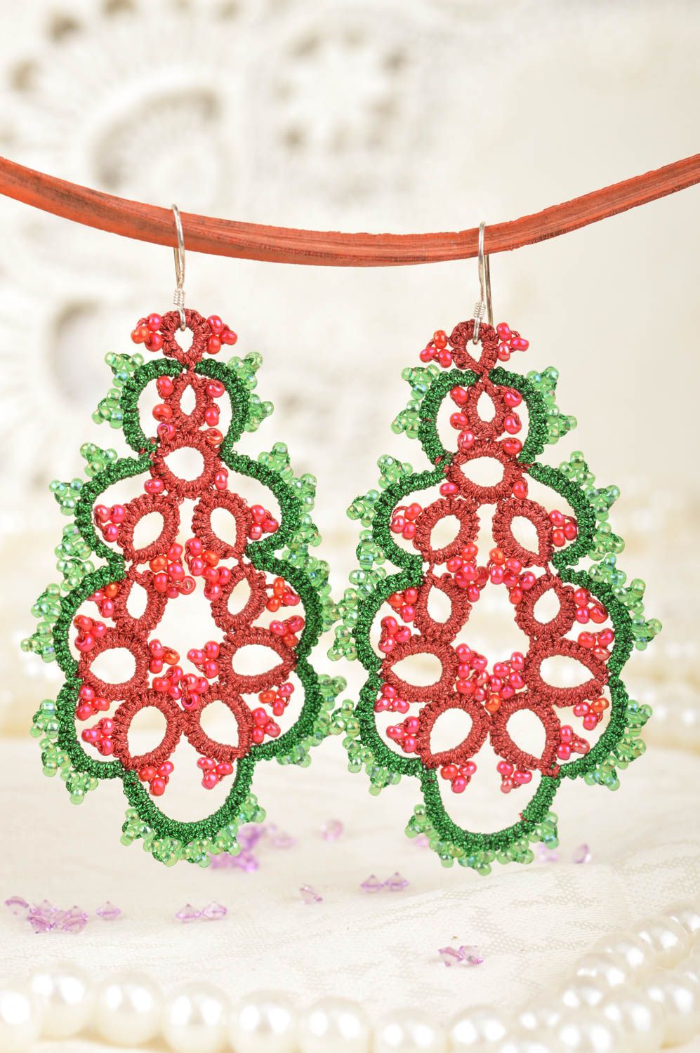 Women's handmade designer crochet tatted earrings with beads unusual jewelry photo 1