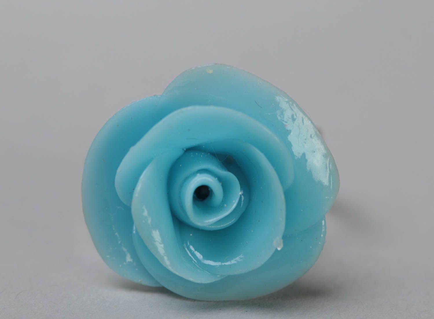 Handmade jewelry ring with metal basis and small polymer clay blue flower photo 2
