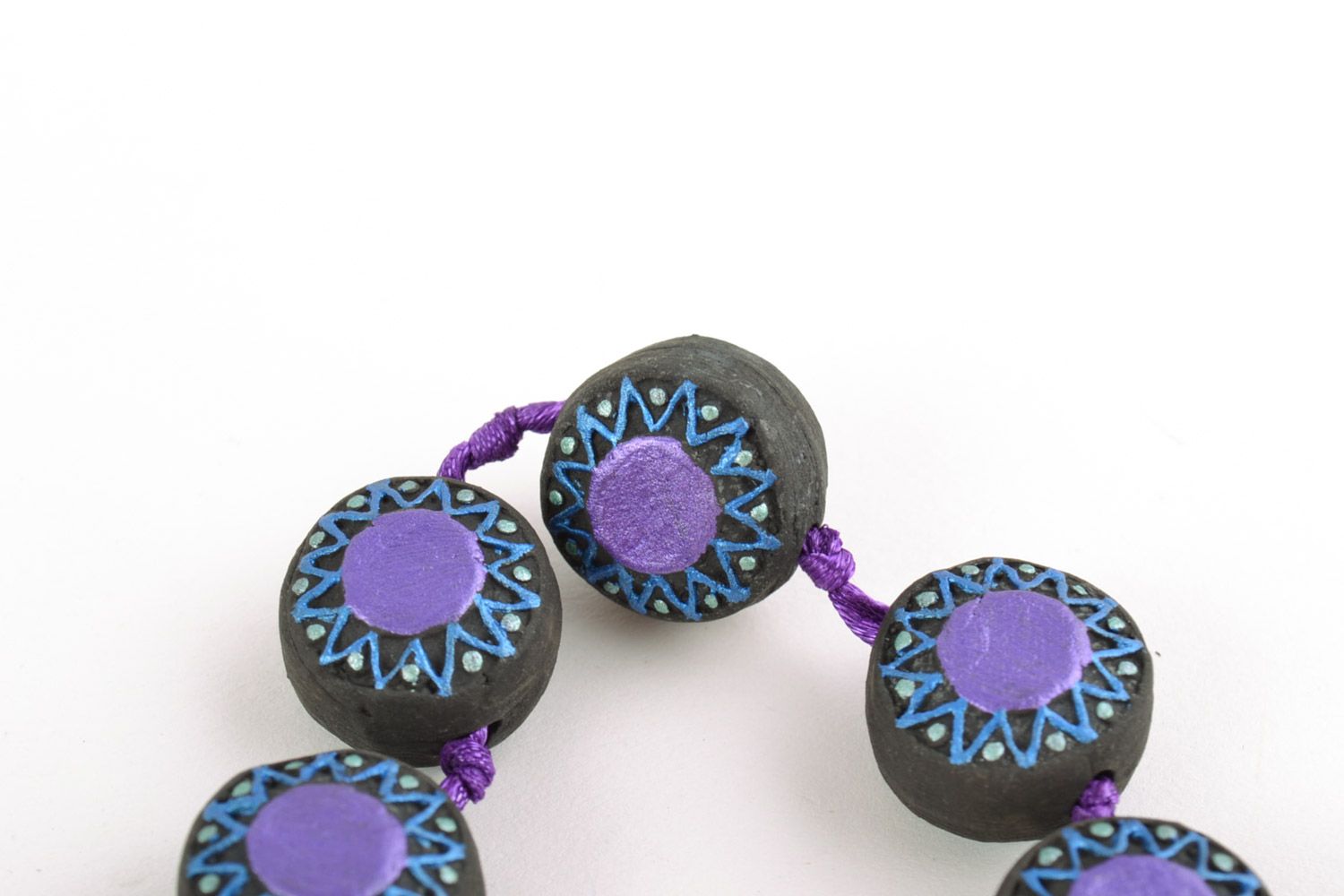 Black and violet handmade clay bracelet with flat beads and ribbon photo 4