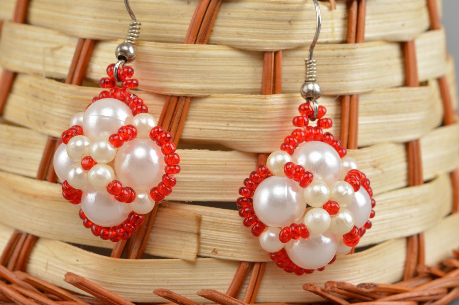 Handmade beaded earrings red and white accessories unusual designer jewelry photo 1