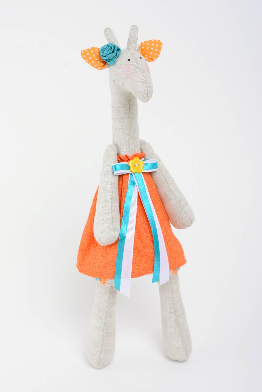 Unusual nice handmade soft toy sewn of linen and cotton fabrics Giraffe photo 3