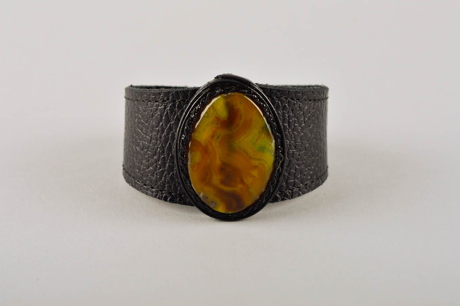 Handmade breites Lederarmband Armband textil Damen Armband mit Naturstein foto 3