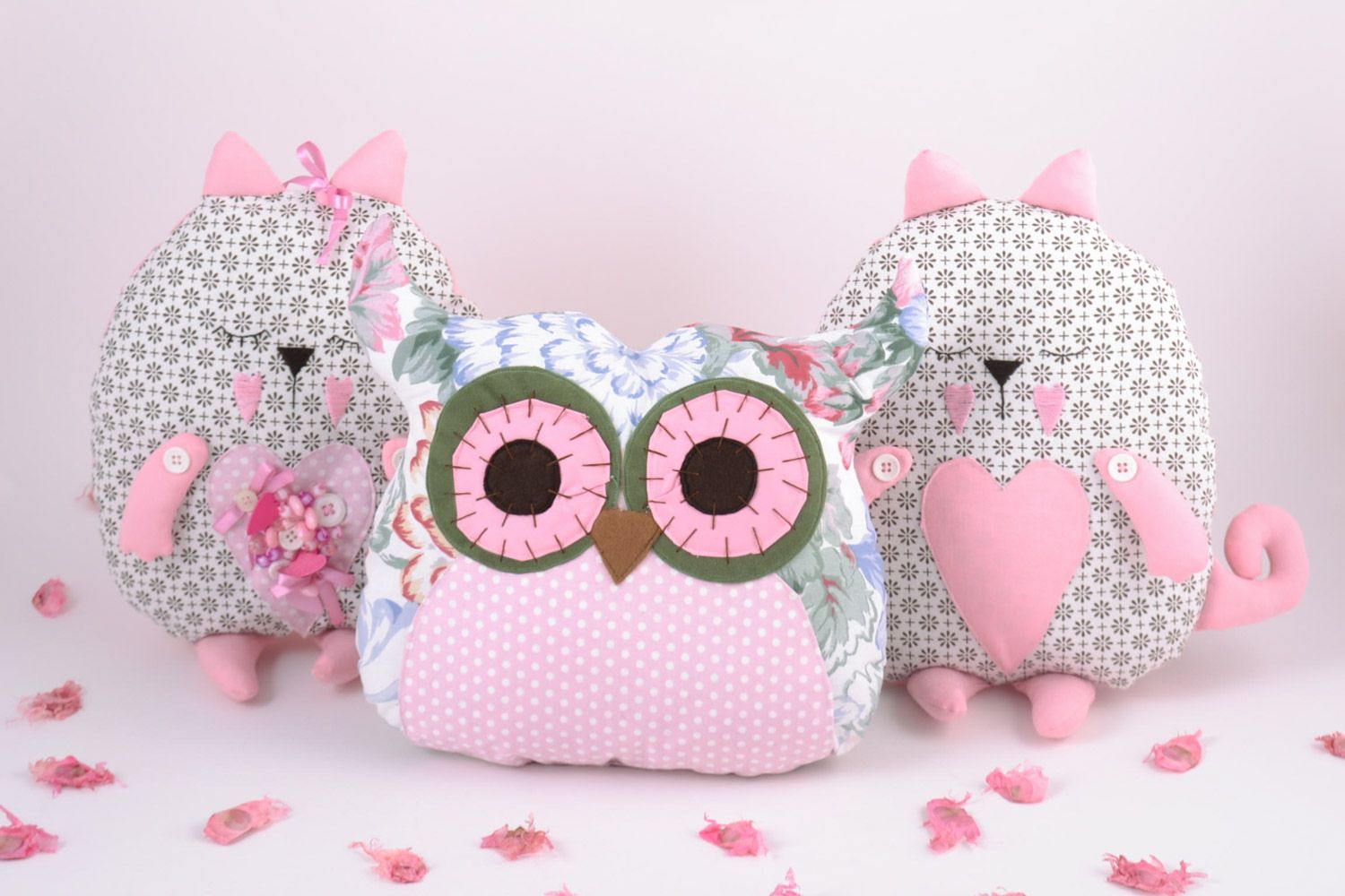 Set of 3 handmade soft pillow pets sewn of fabric in the shape of cats and owl photo 1