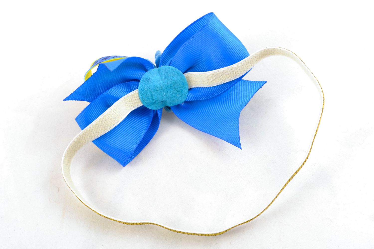 Handgemachtes Haarband aus Ripsbändern mit blau gelber Schleife foto 4