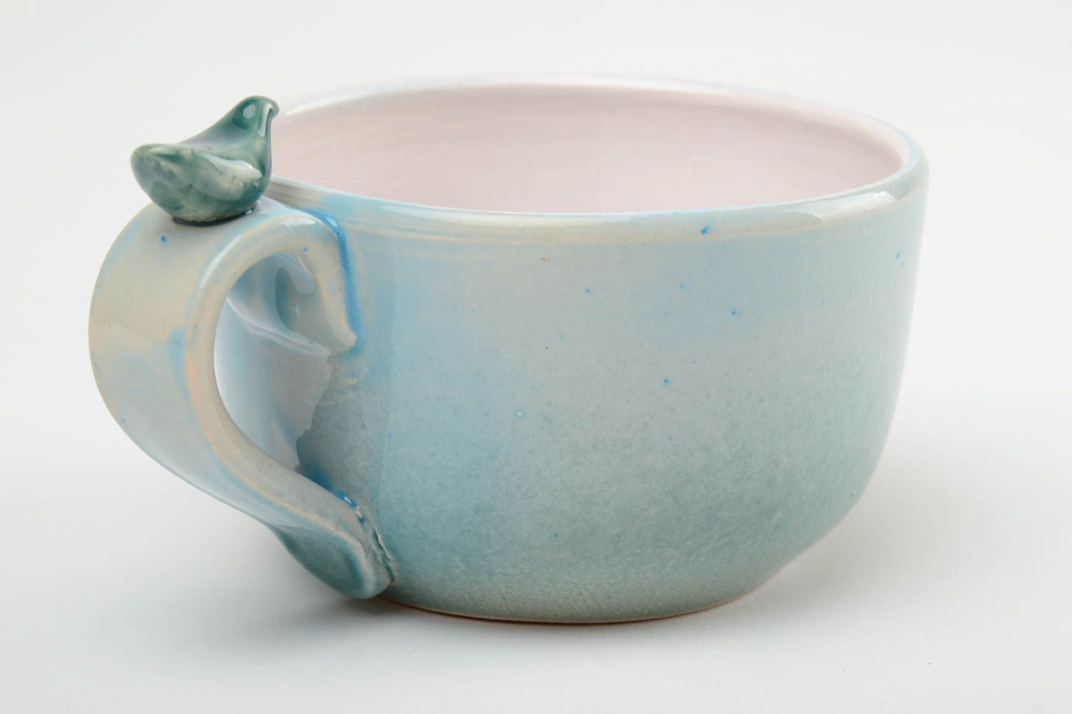 Tasse en céramique faite main oiseau sur l'anse peinte de glaçure bleue 30 cl photo 4