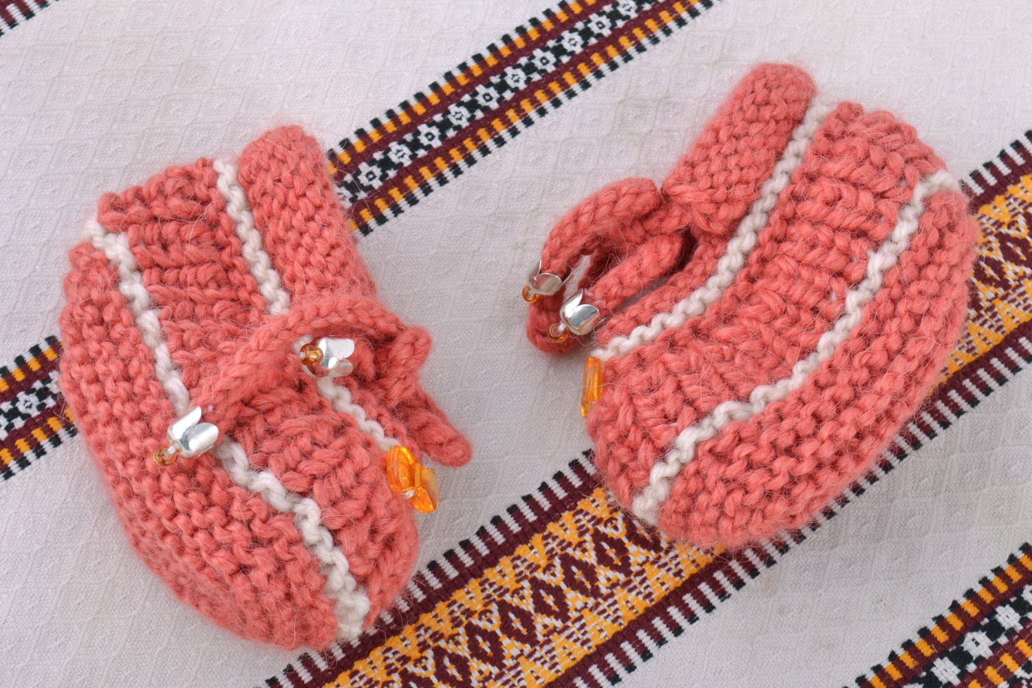Handmade dark pink warm and soft baby booties knitted of wool for little girl photo 1