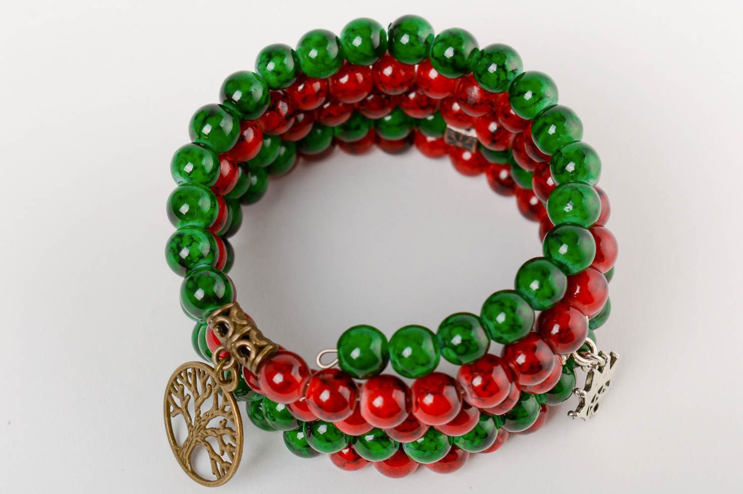 Handmade designer multi row red and green glass beaded wrist bracelet with charm photo 4