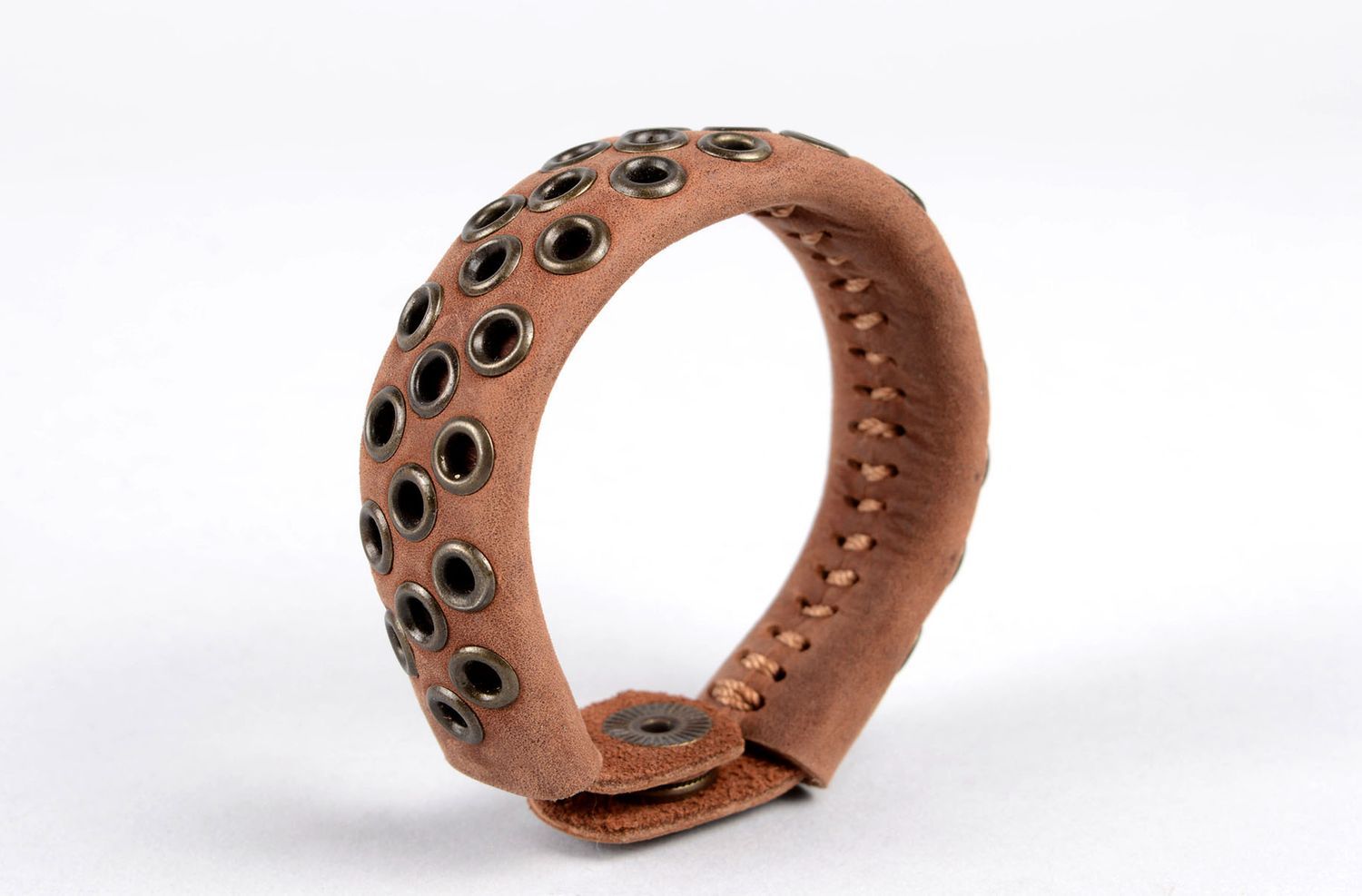 Bracelet cuir métal fait main Bijou fantaisie marron clair large Cadeau femme photo 3