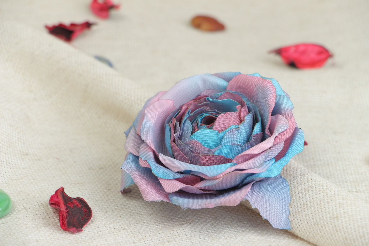 Handmade tender floral brooch made of fabric in romantic style Blue Rose photo 5