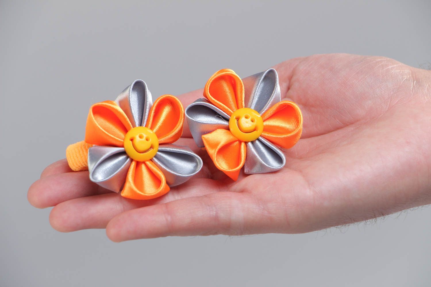 Handmade decorative hair ties with orange kanzashi flowers set of 2 items photo 5