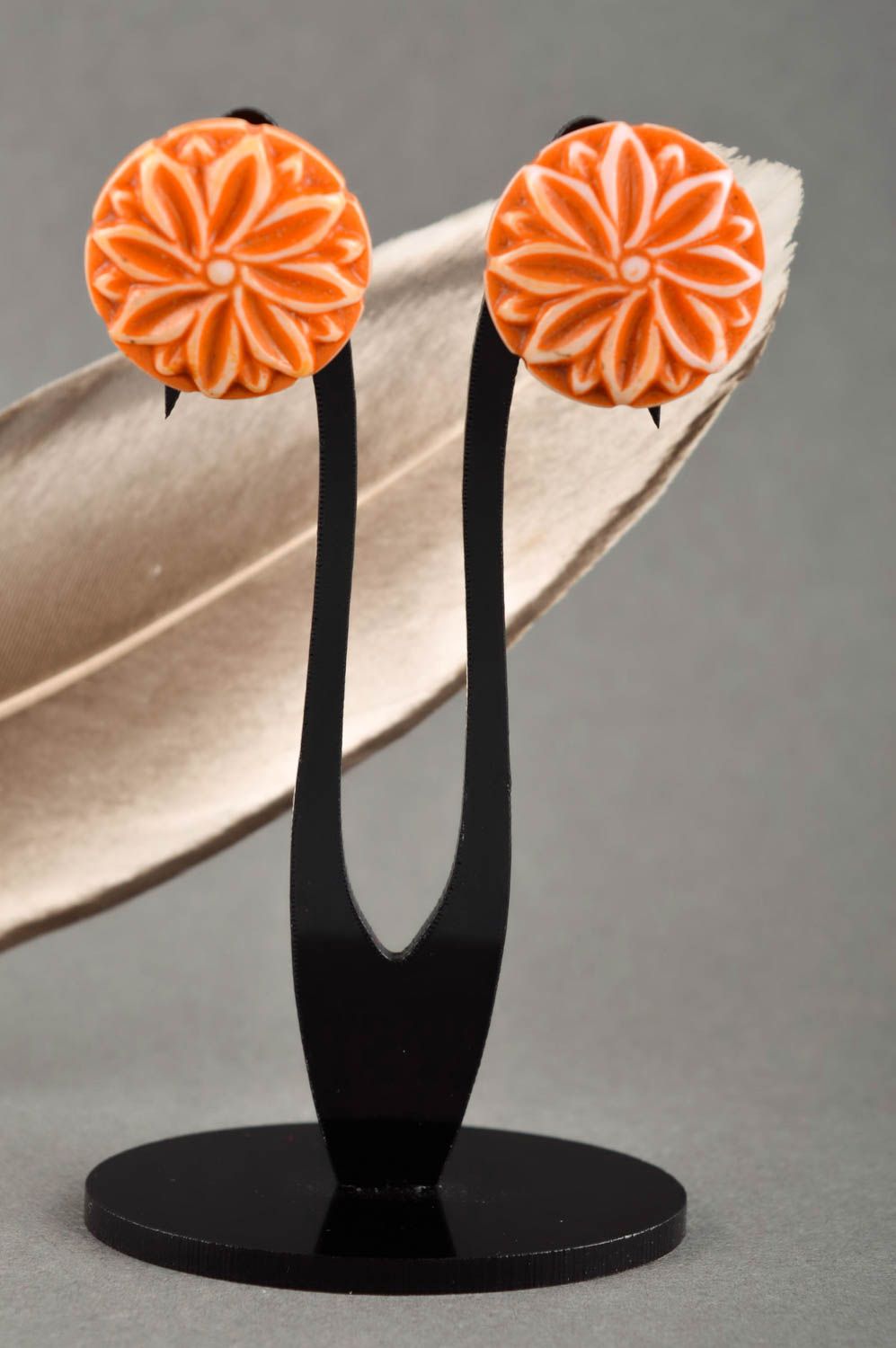 Polymer Clay Schmuck handmade runde Ohrringe Schmuck Ohrhänger in Orange foto 1
