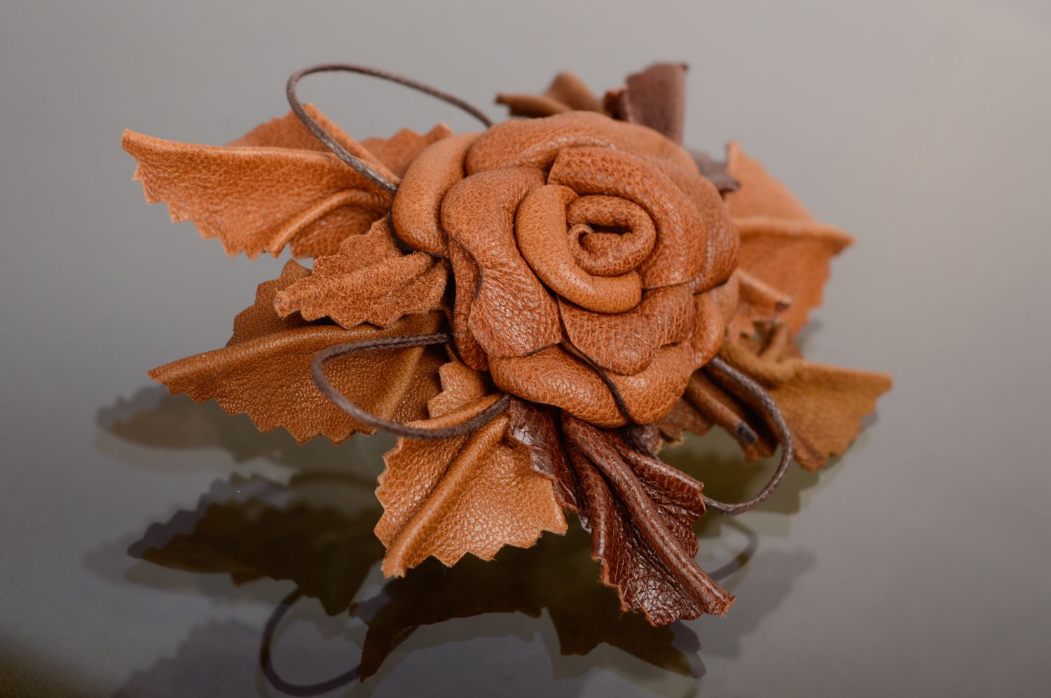 Leather floral brooch-hair clip of ginger color photo 1