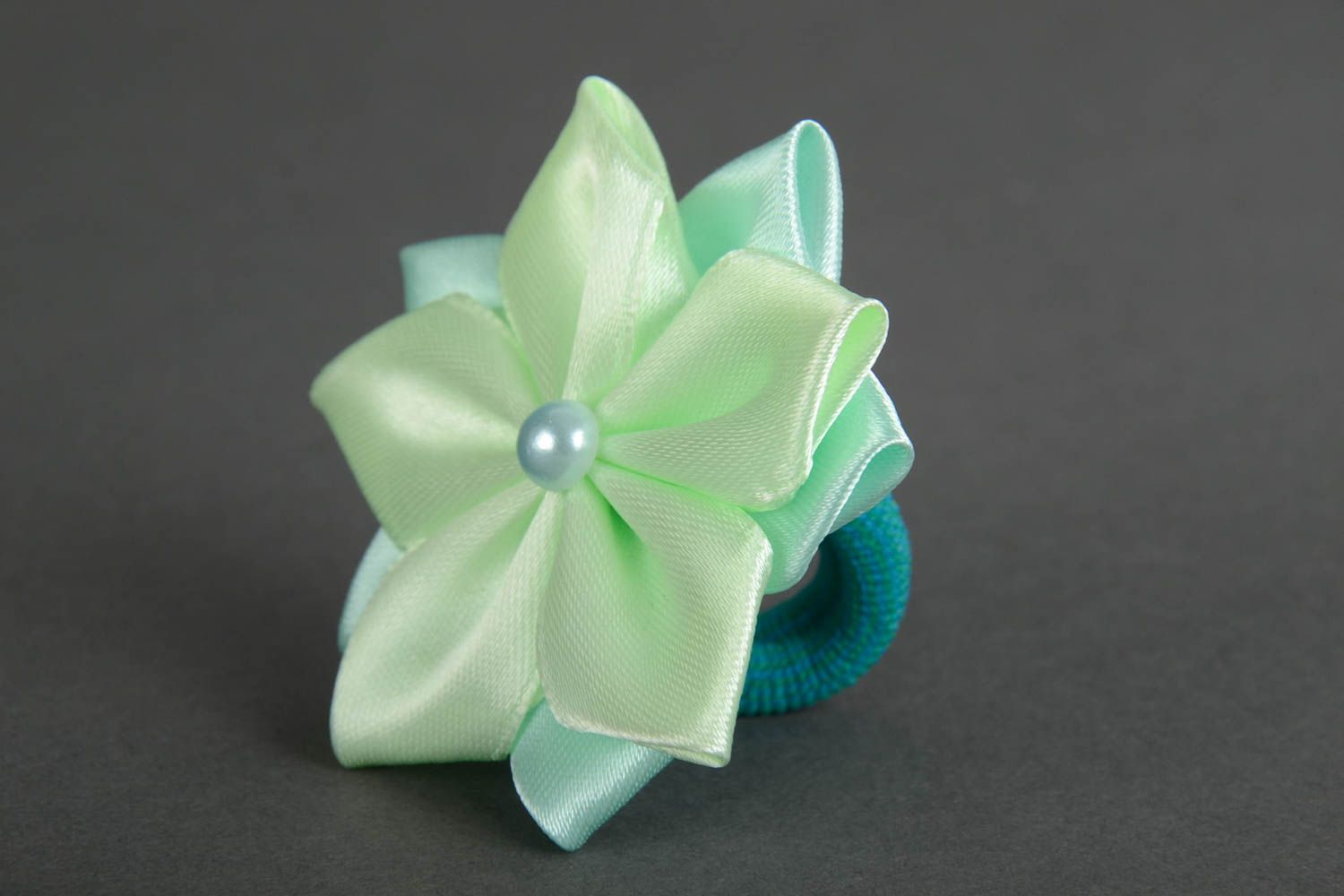 Decorative elastic hair band with tender flower of mint color with bead photo 3