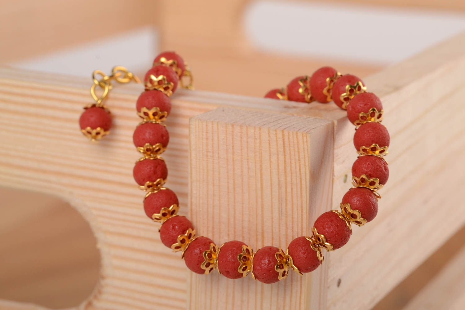 Women's handmade ball bracelet with red beads  photo 2