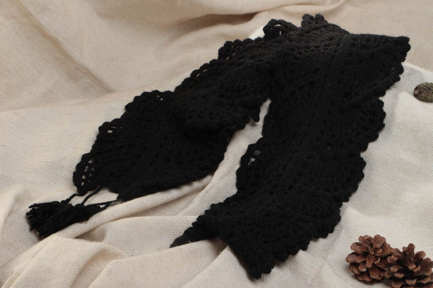Черный вязаный крючком шарф из мохера ручной работы оригинальный красивый фото 1