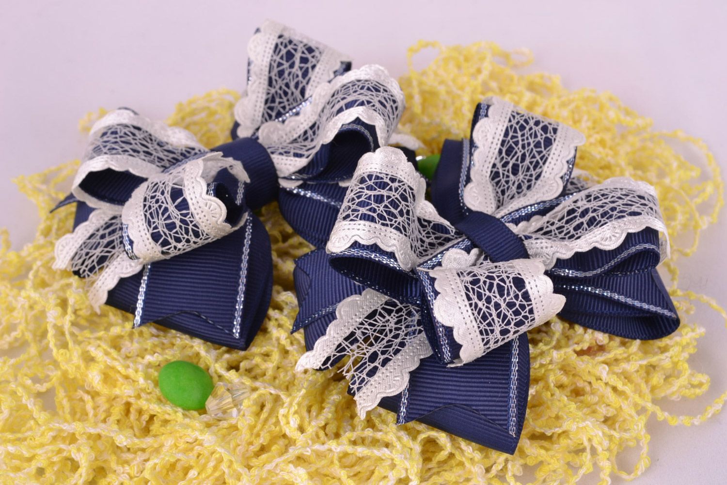 Set of blue handmade hair bows 2 pieces textile hair clips photo 1