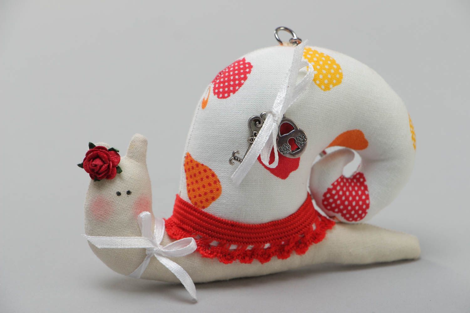Handmade stuffed animal keychain in the shape of snail sewn of cotton fabric photo 2