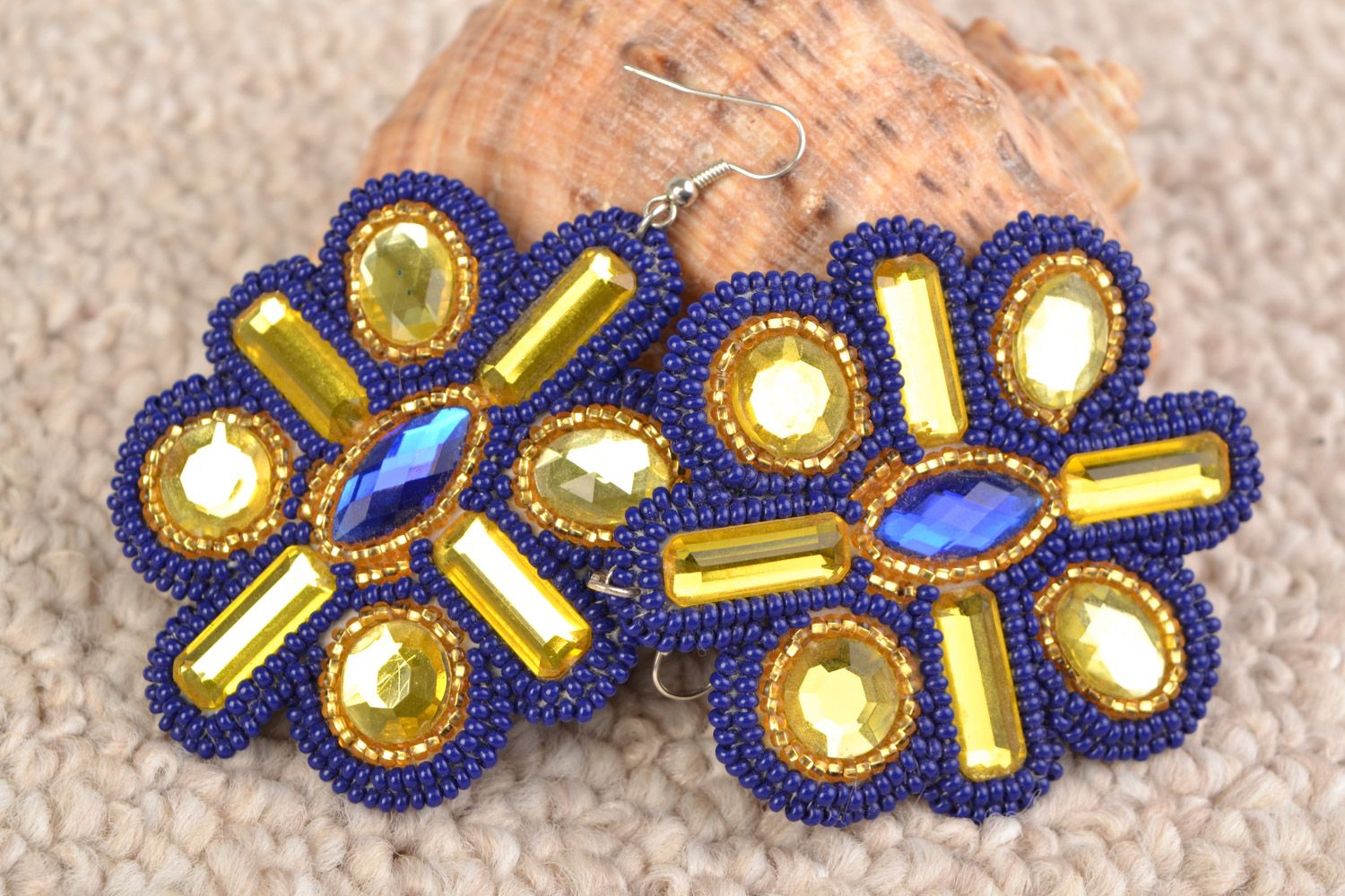 Handmade bright beaded blue and golden floral earrings with cabochons photo 1