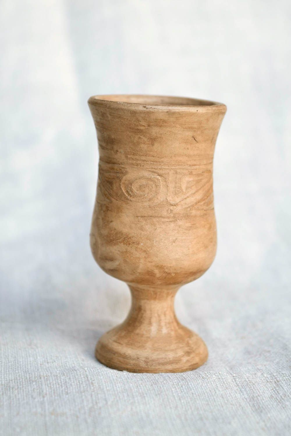White clay handmade wine 3 oz goblet on stand with Greek-style pattern photo 3