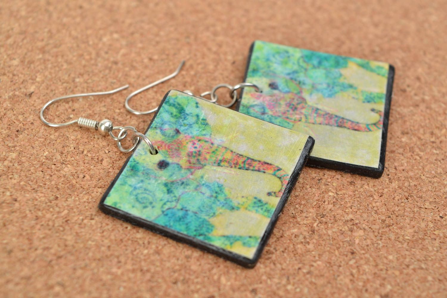 Beautiful bright designer handmade plastic square earrings with decoupage Gardens photo 1