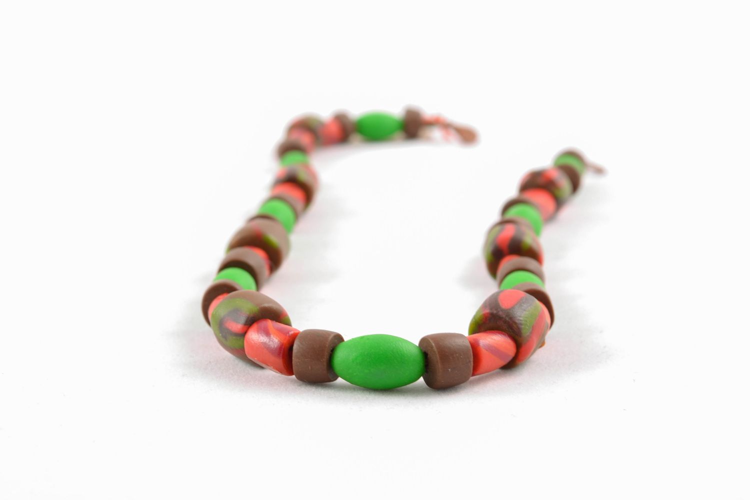 Clay beads necklace in light green, brown and red colors photo 4