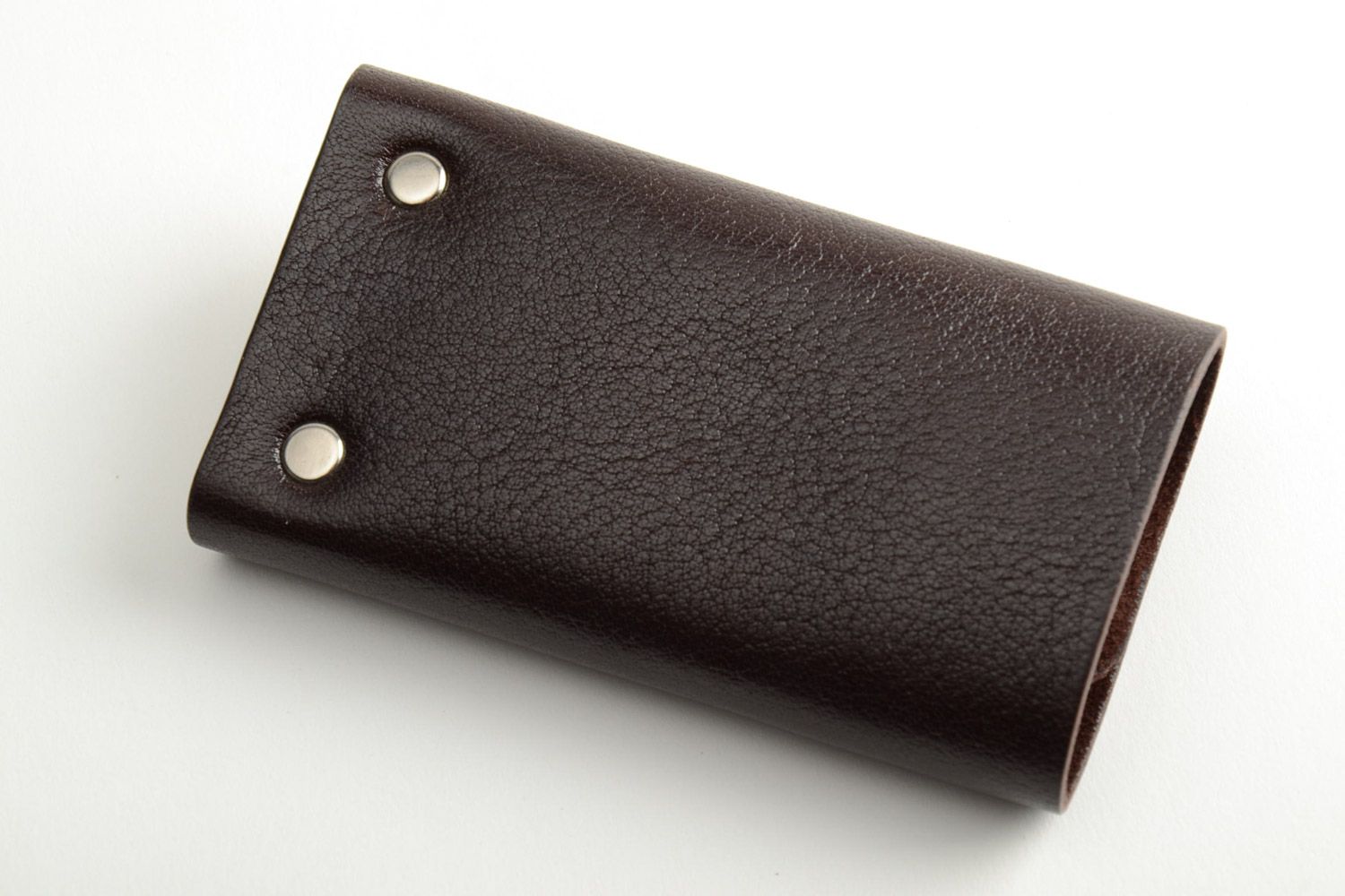 Handmade laconic dark brown genuine leather key case with metal studs  photo 4