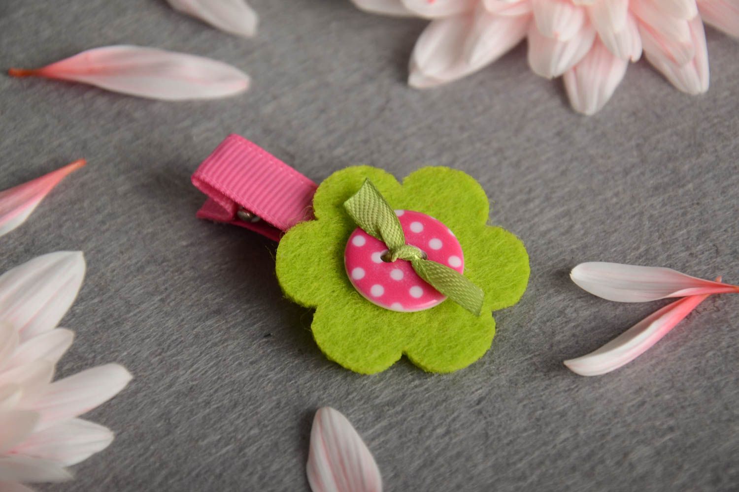 Pink hair clip for girls in the form of flower handmade barrette for children photo 1