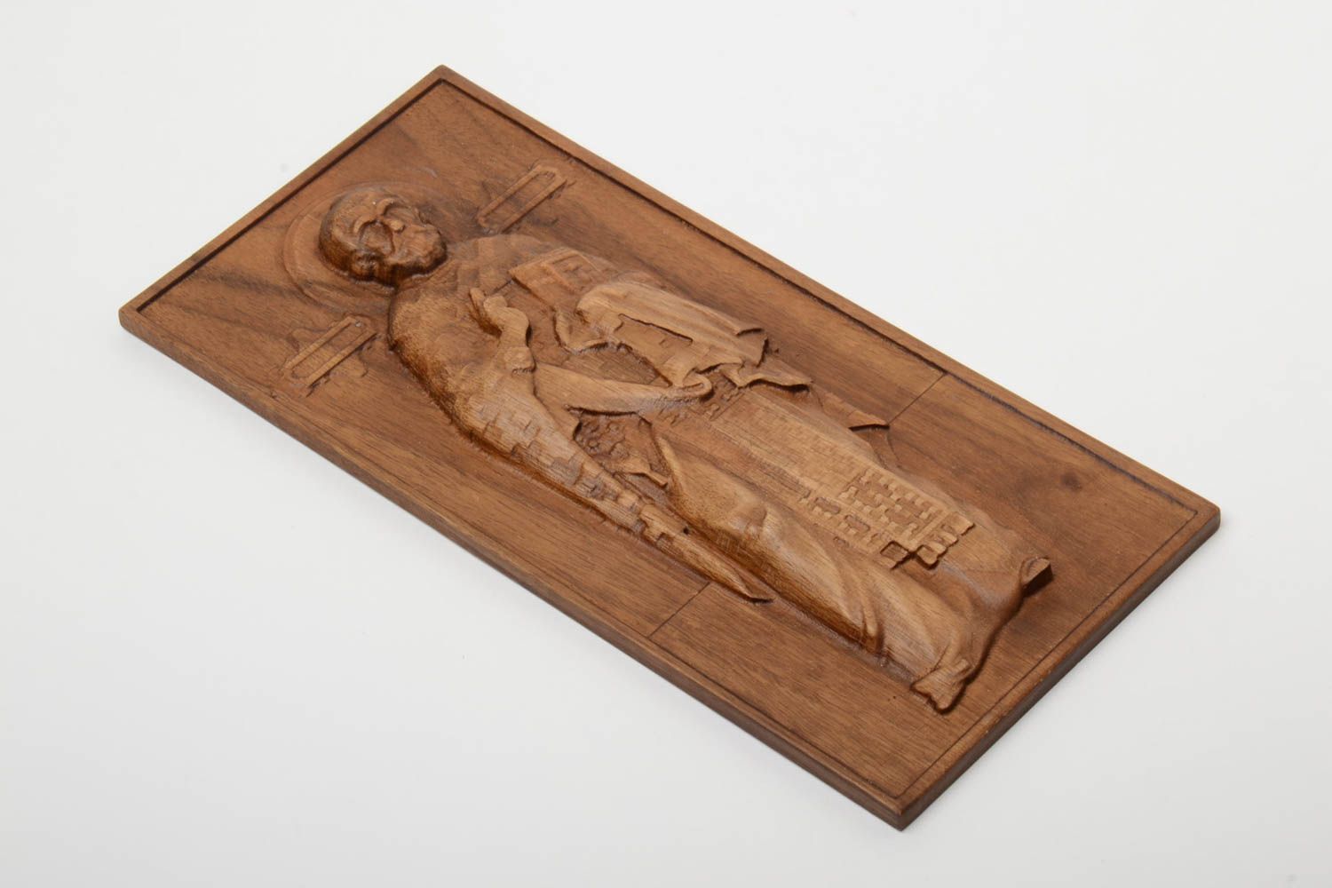 Резная деревянная икона ручной работы с металлическим креплением для дома святой Николая фото 2