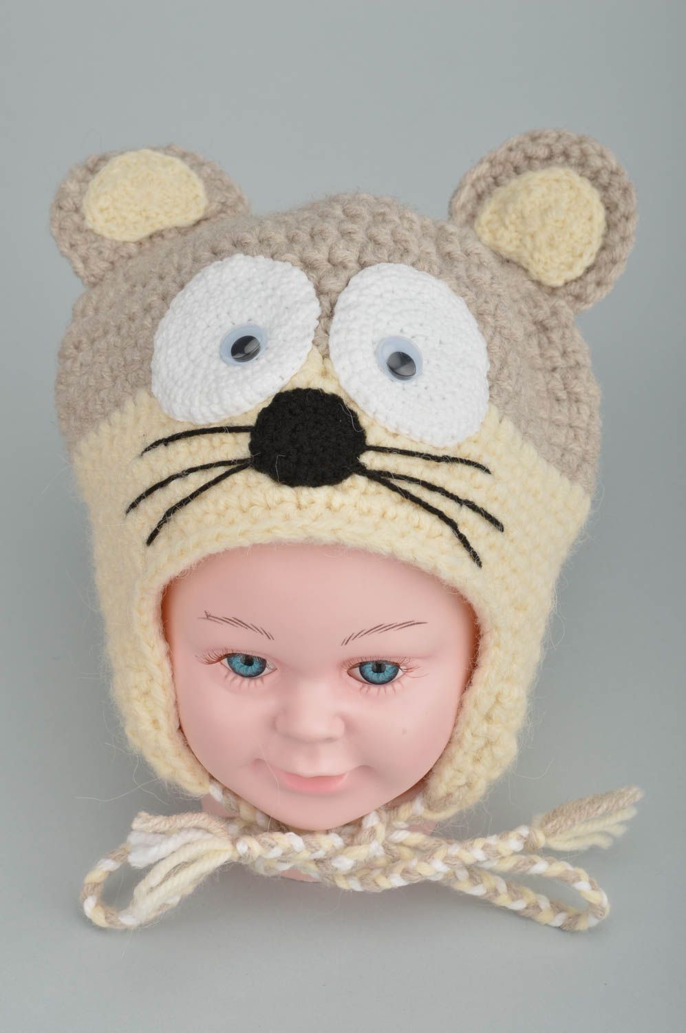 Детская шапка-мышка крючком с подкладкой из хлопка и шерсти ручная работы фото 5