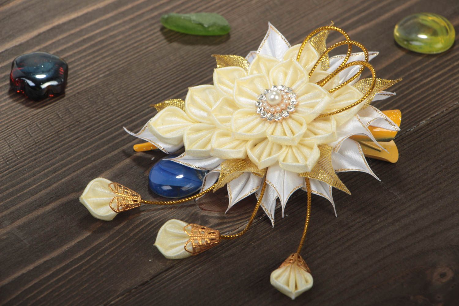 Beautiful handcrafted fower barrette unusual textile hair clip kanzashi flower photo 1
