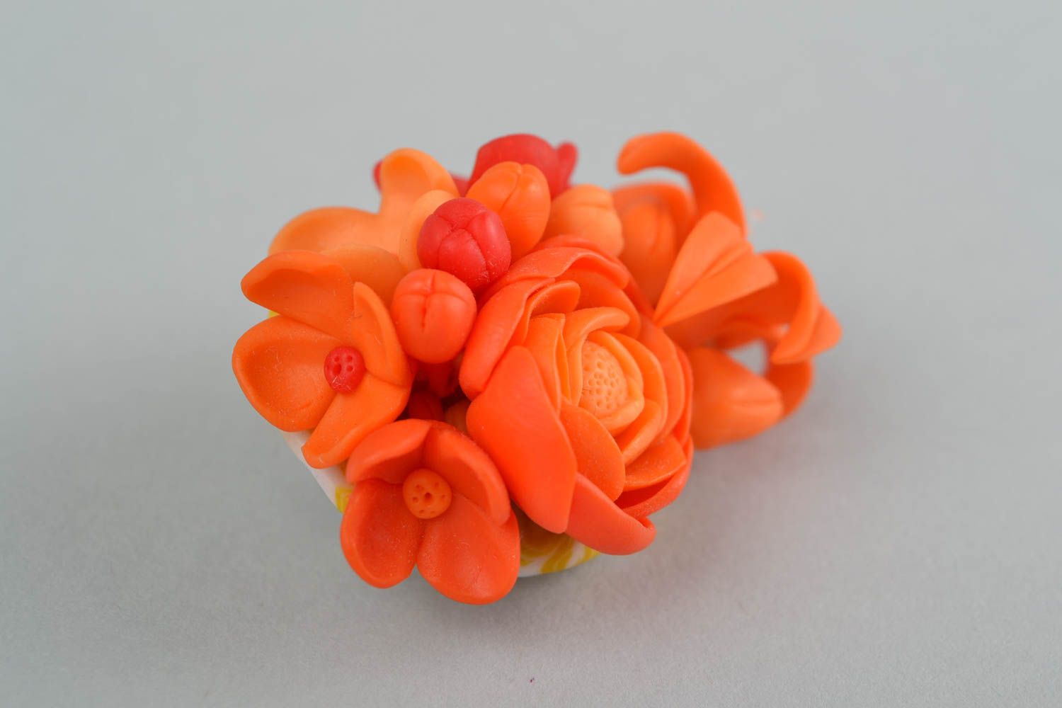 Unusual handmade designer bright orange polymer clay flower brooch Lilies photo 5