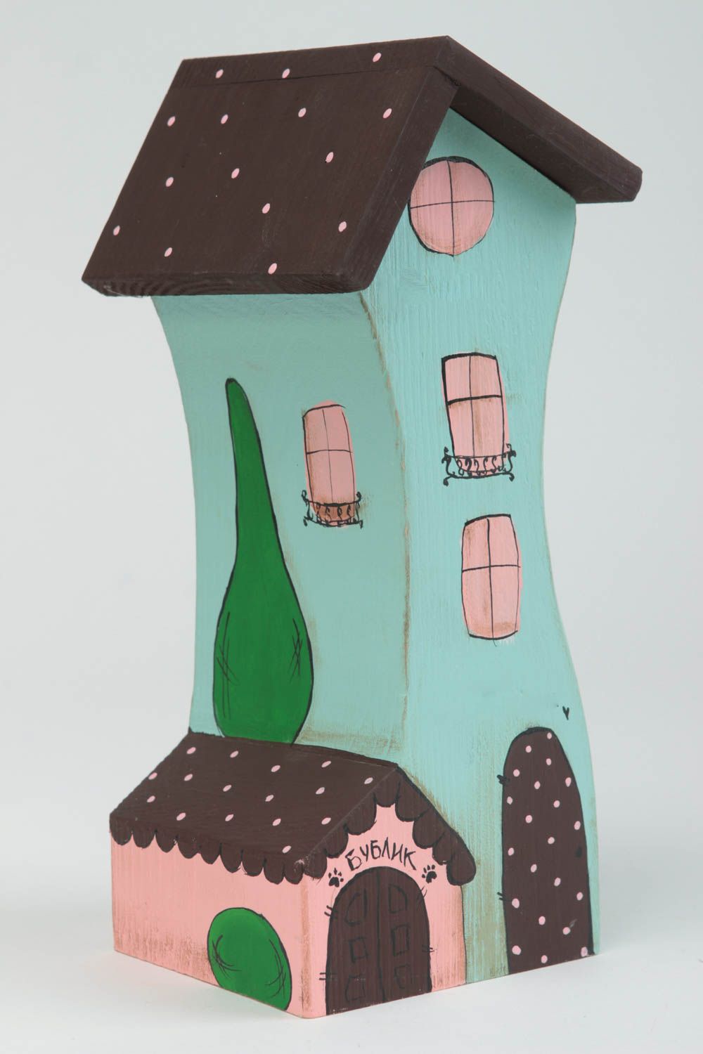 Фигурка из дерева для декора домик ручной работы из сосны голубой с будкой фото 2