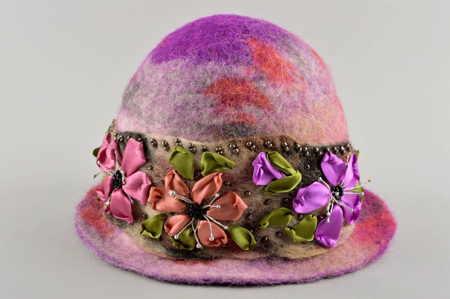 Handmade Damen Hut grell Accessoire für Frauen Filz Hut Violett mit Blumen foto 5