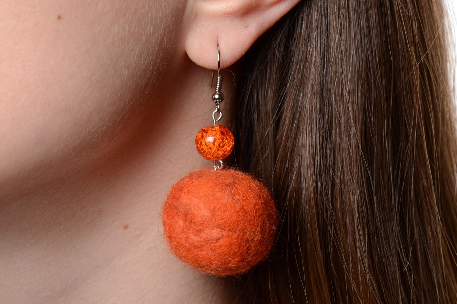 Handmade felted wool ball earrings of orange color for women photo 1