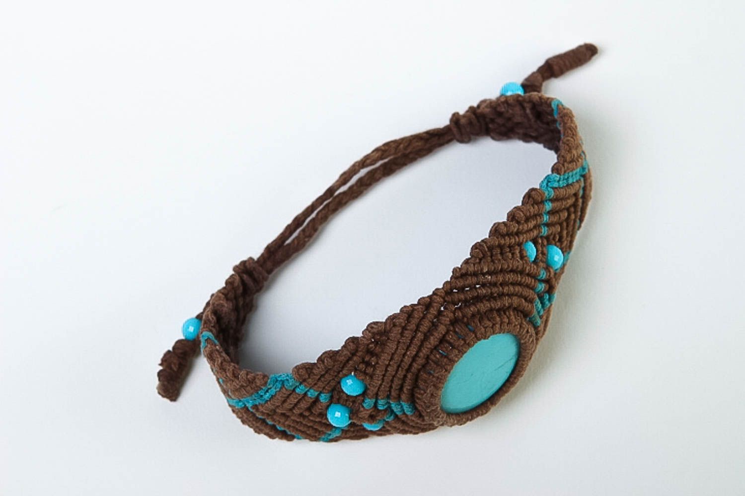 Bracelet textile Bijou fait main marron turquoise macramé Accessoire femme photo 2