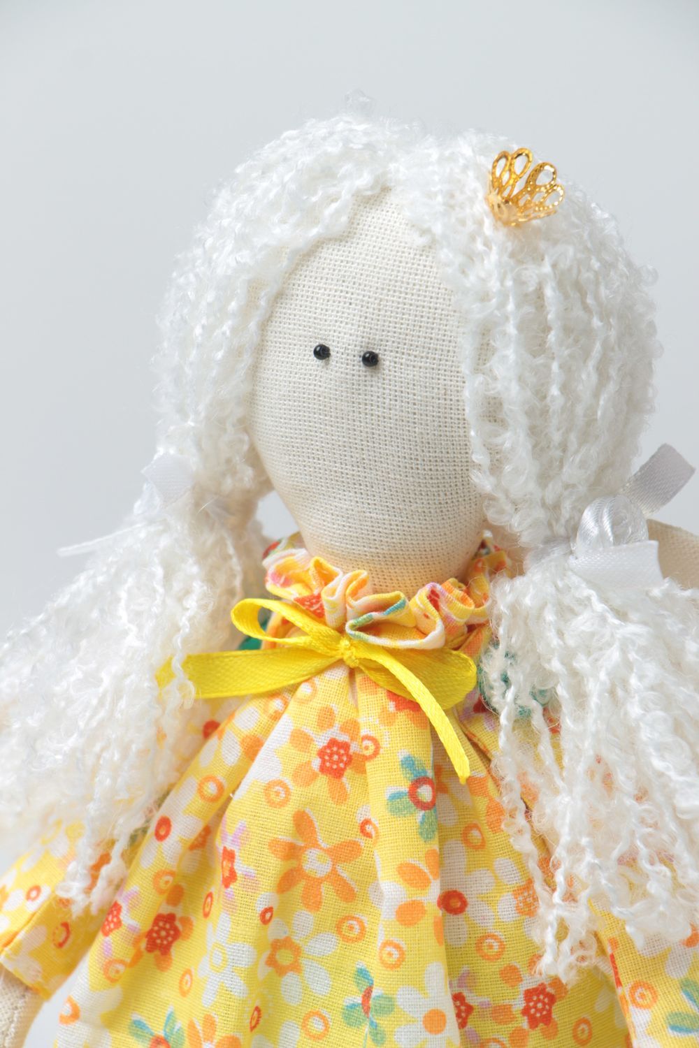Handmade designer fabric soft doll in yellow dress with white hair Princess  photo 3