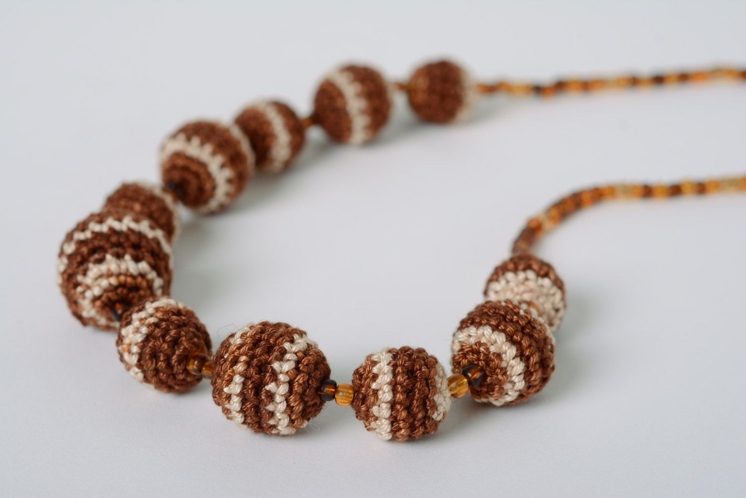 Handmade teething bead necklace crocheted of cotton threads of chocolate color photo 5