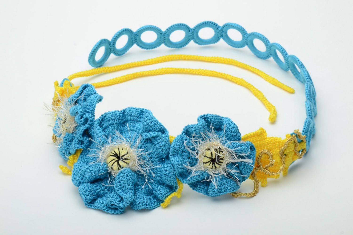Ceinture tricotée au crochet pour femme faite main bleue grandes fleurs photo 3