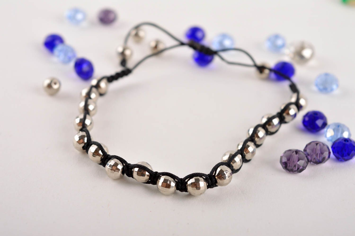 Balck cord handmade beaded strand bracelet with black beads photo 1