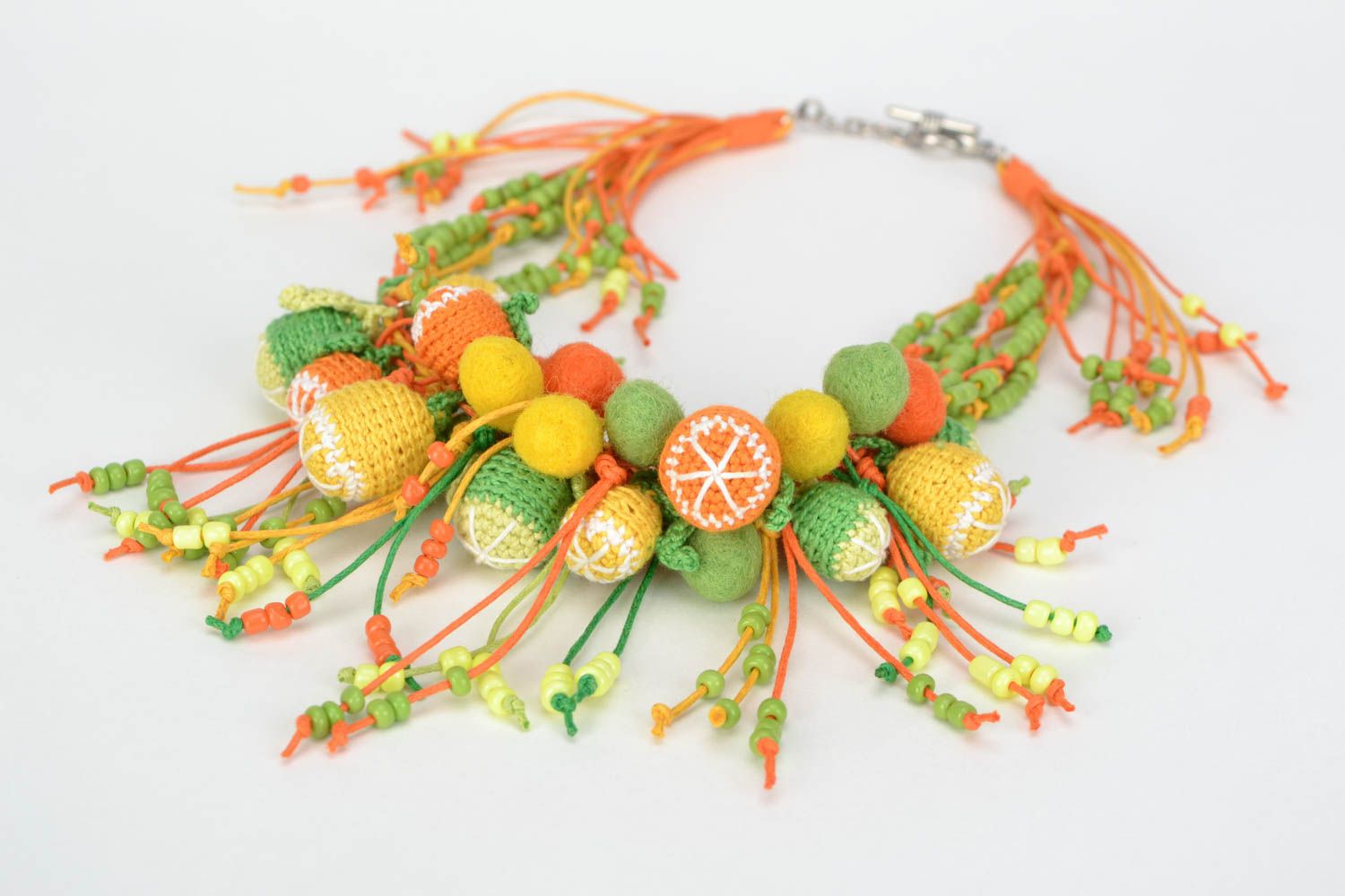 Handmade bead necklace crocheted over with cotton threads Citrus Bouquet photo 1