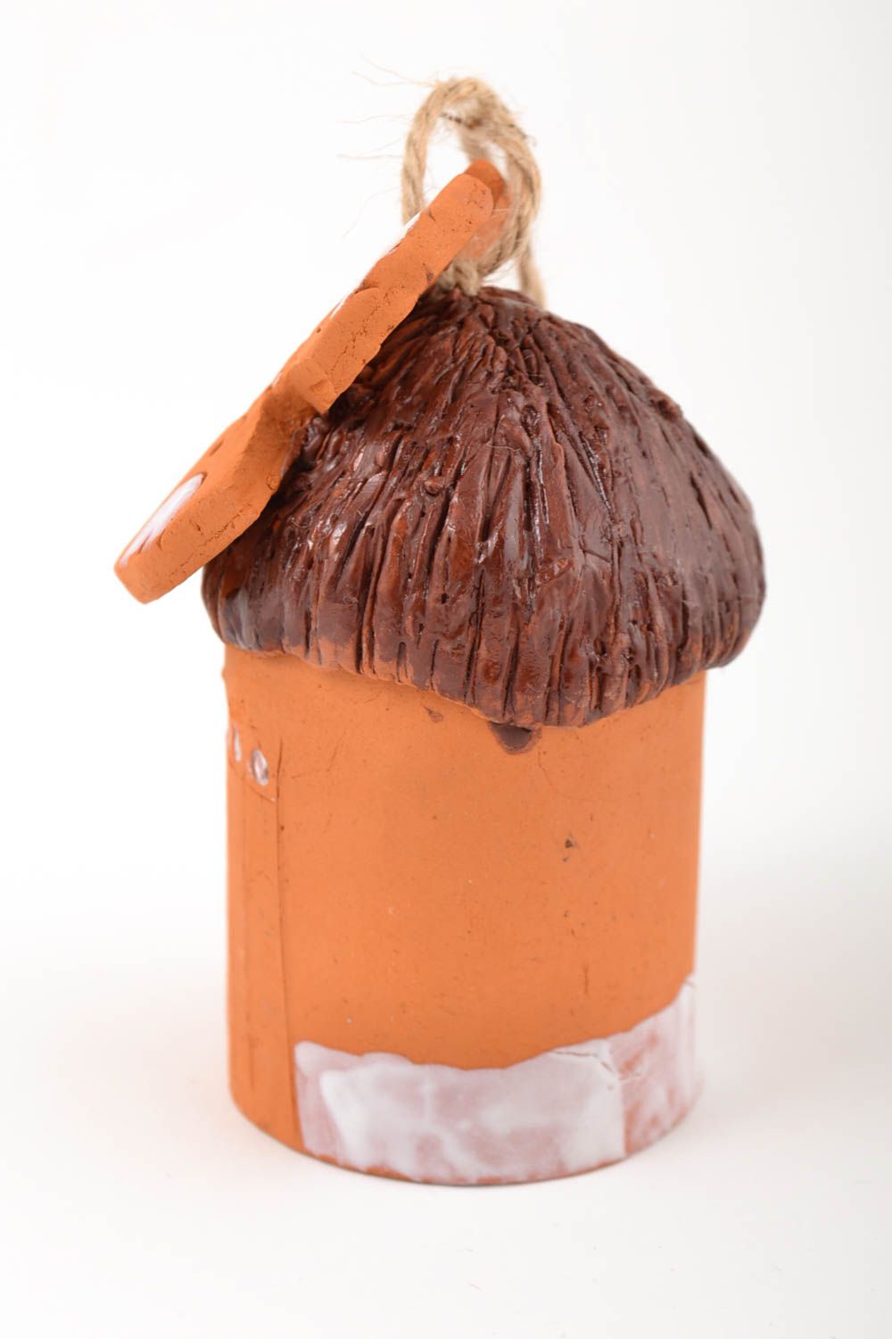 Campanello d'autore in ceramica fatto a mano a forma di mulino con tetto marrone foto 2