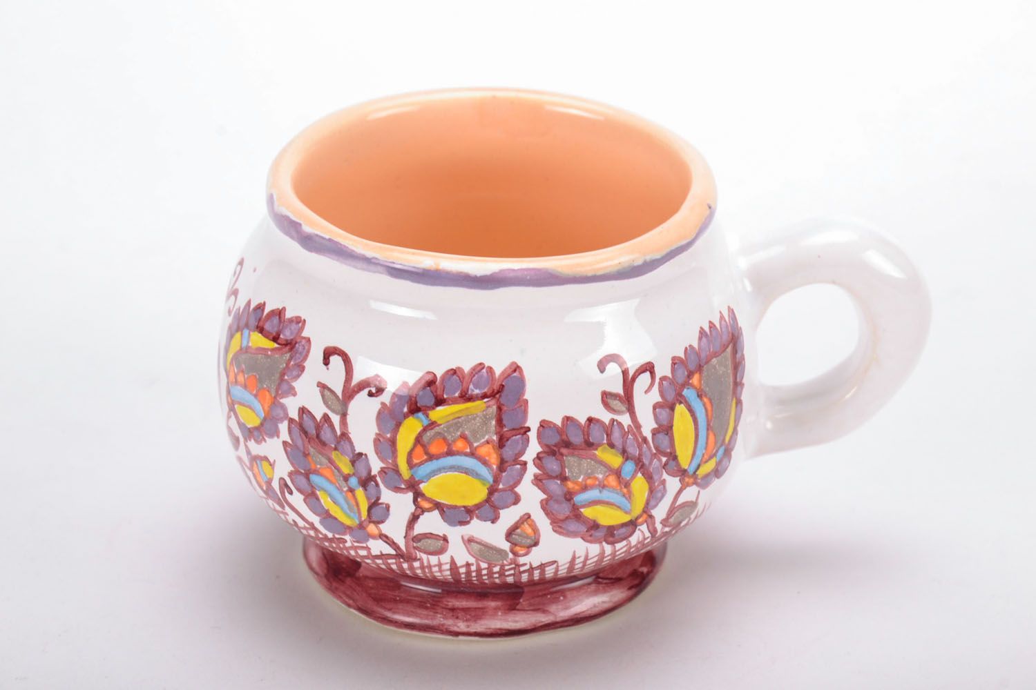 Ceramic handmade white and sherry color coffee cup with handle photo 2