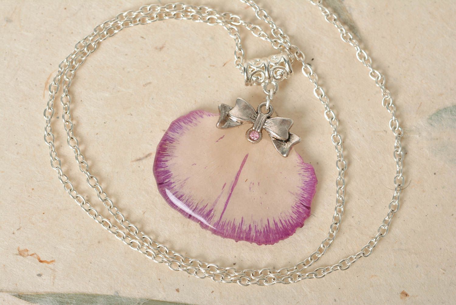Handmade gentle pendant necklace with dried flowers and epoxy coating on chain photo 1