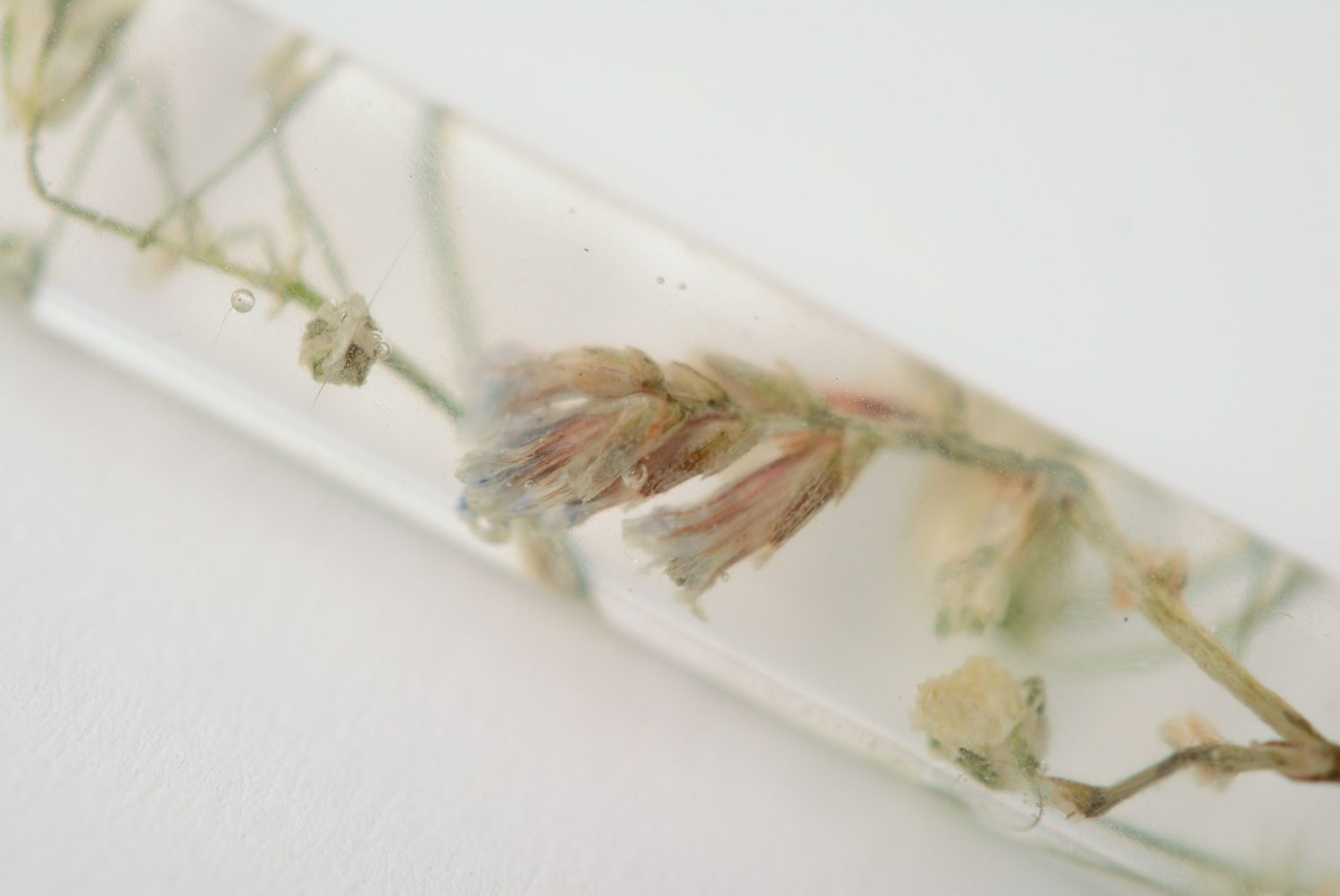 Transparent handmade botanical pendant with real plant coated with epoxy resin and equipped with long chain photo 3
