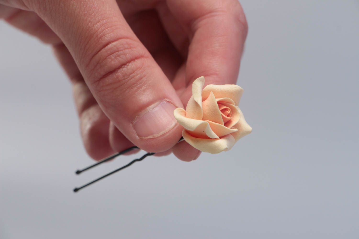 Handmade decorative hair pin with polymer clay rose flower of peach color photo 5