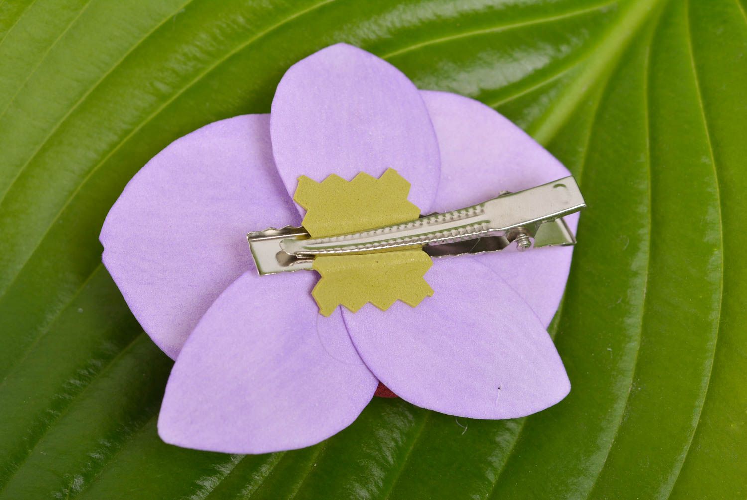 Handmade designer hair clip with metal basis and foamiran violet orchid flower photo 5