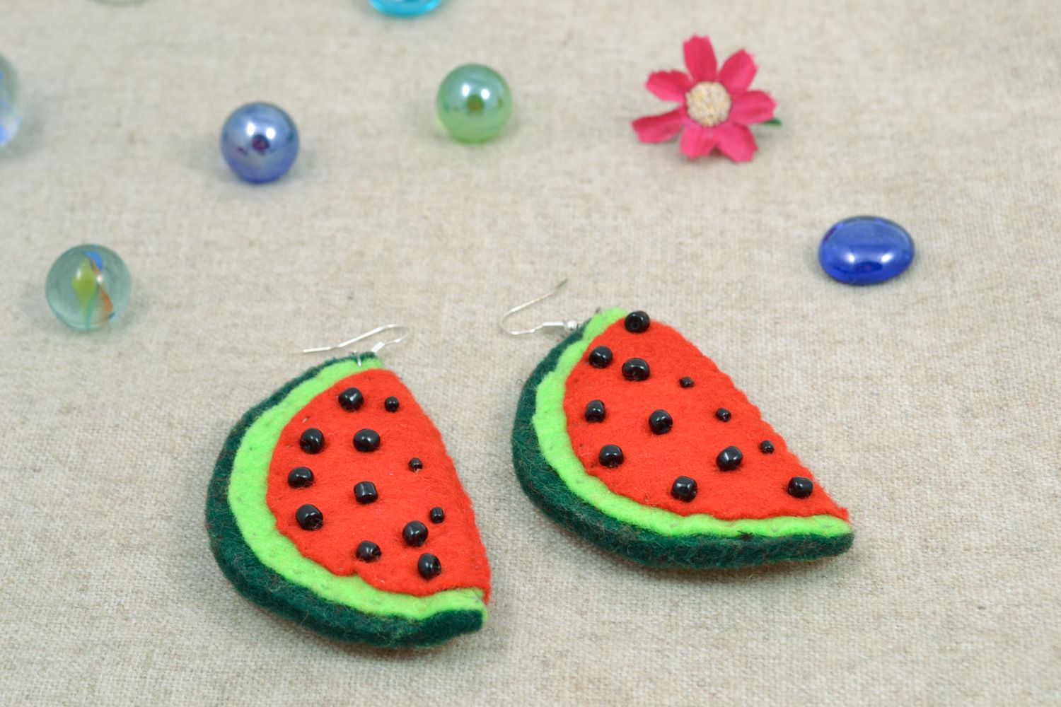Beaded felt watermelon earrings photo 1