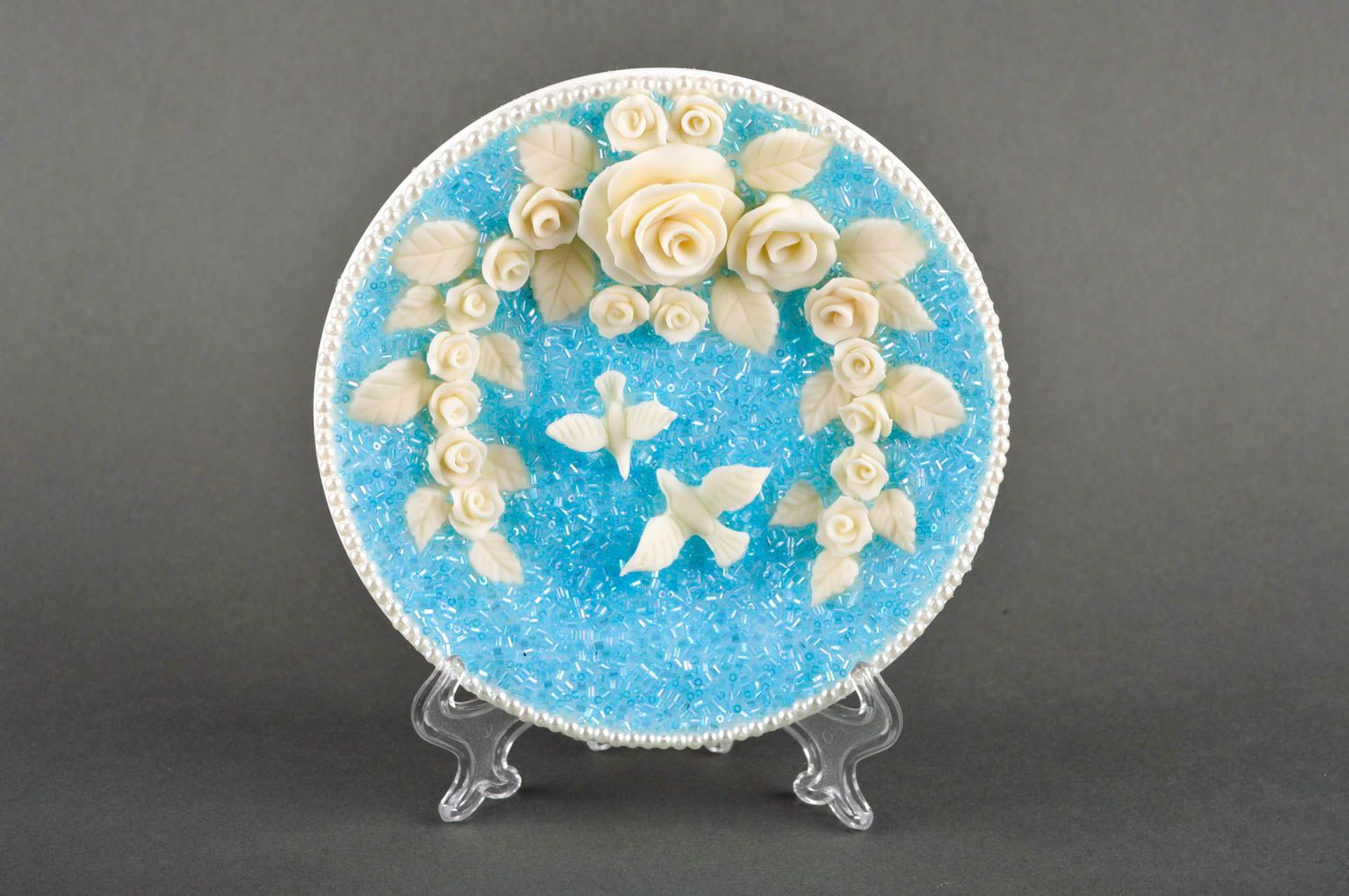 Assiette décorative Décoration fait main en bleu ciel Vaisselle déco mariage photo 2