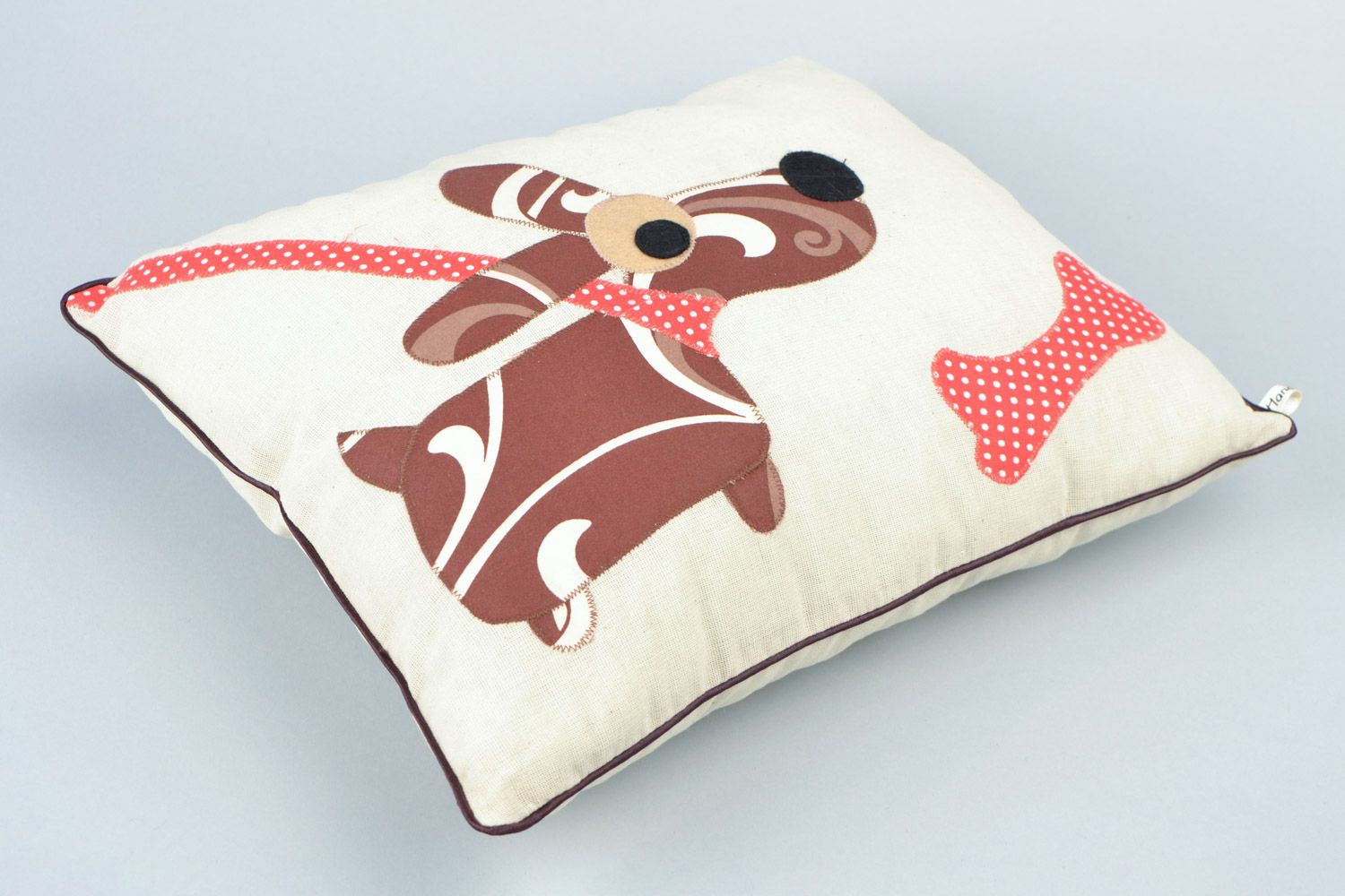 Handmade decorative white throw pillow sewn of natural fabrics Kind Dog photo 3