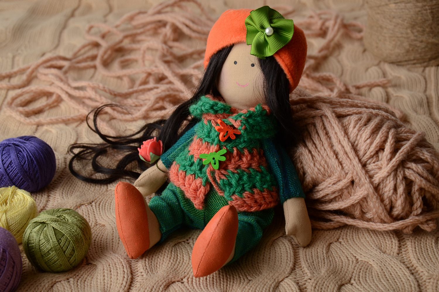Handmade soft fabric doll Brunette photo 1